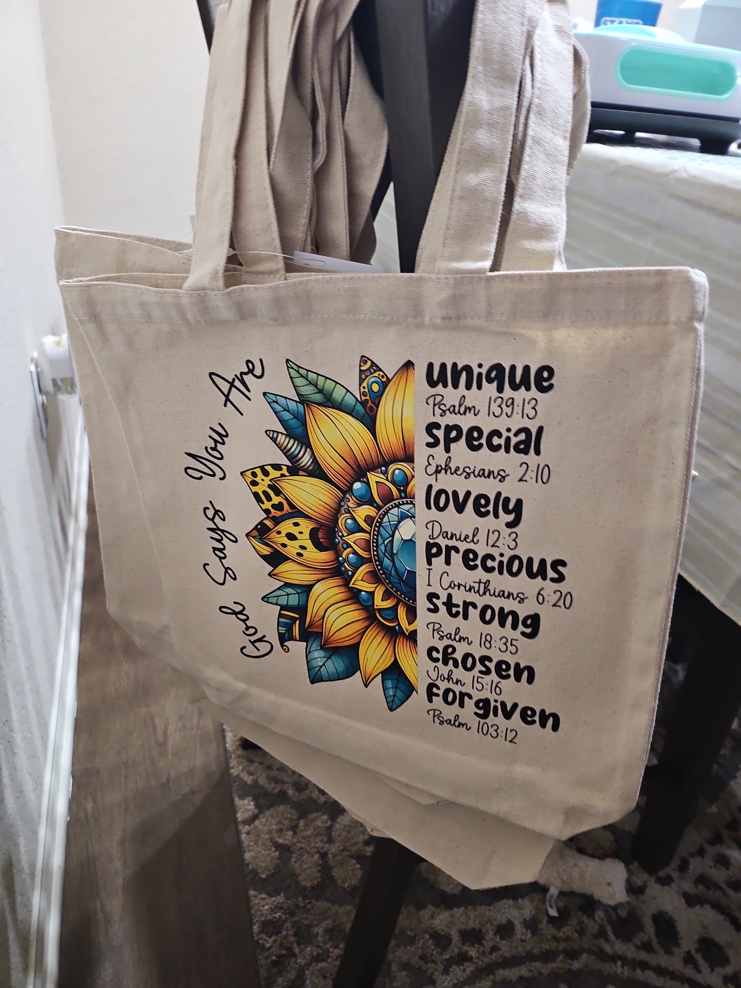 Religious saying tote bag