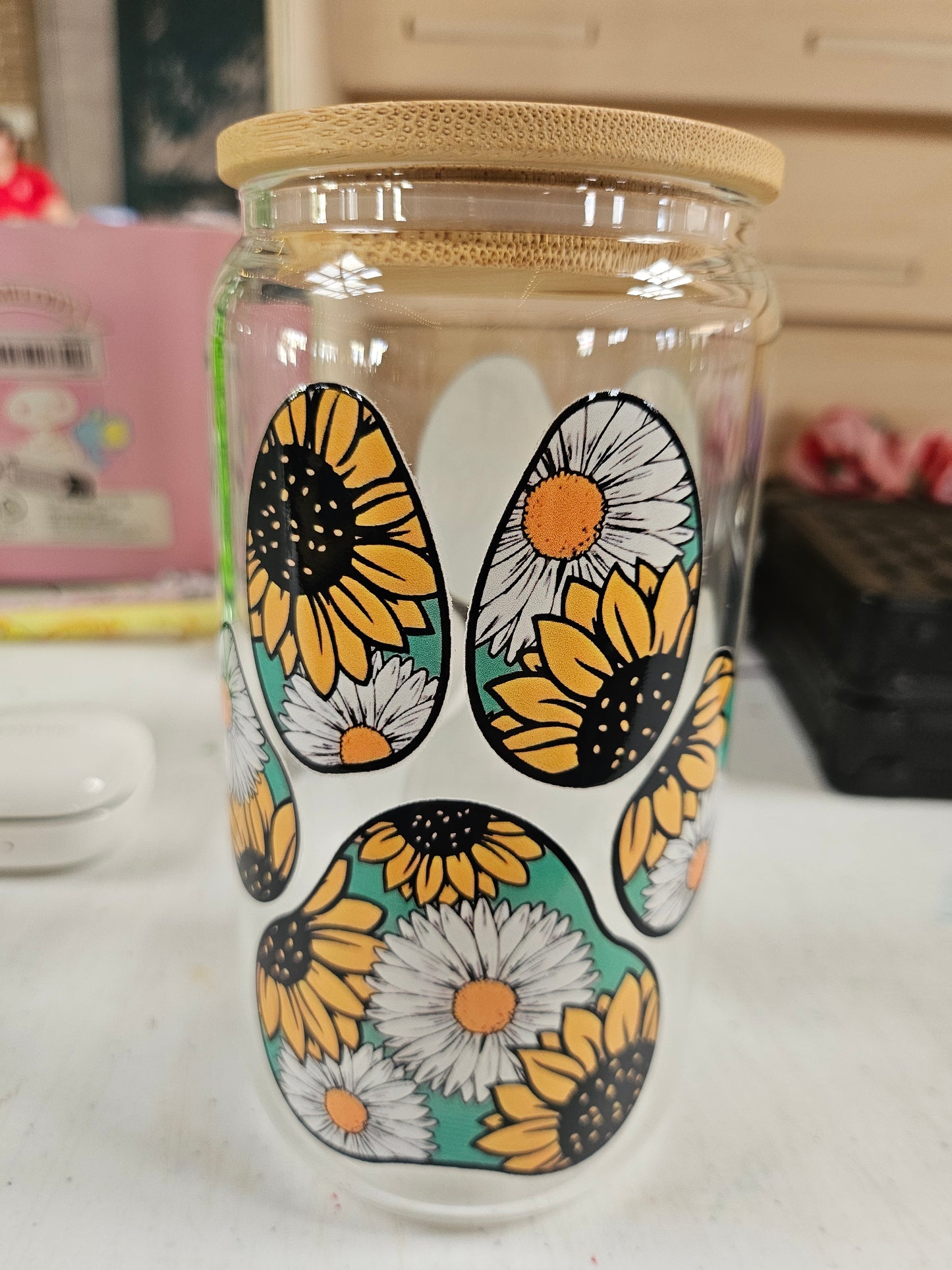 Sunflower & daisy paw print glass tumbler