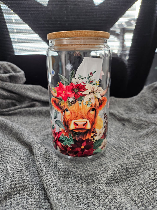 Poinsettia Cow glass tumbler