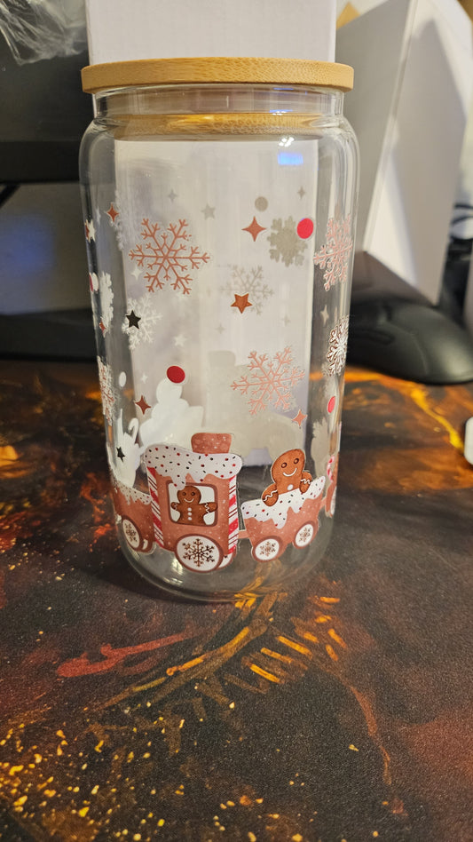 Gingerbread Christmas Train Glass Tumbler for Festive Drinks - Drinkware