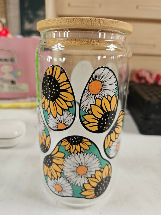 Sunflower & daisy paw print glass tumbler